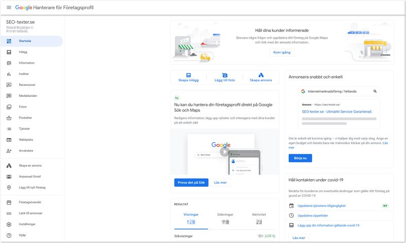 Granssnittet for Google My Business