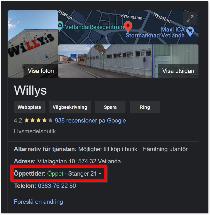 Google my business profil for willys
