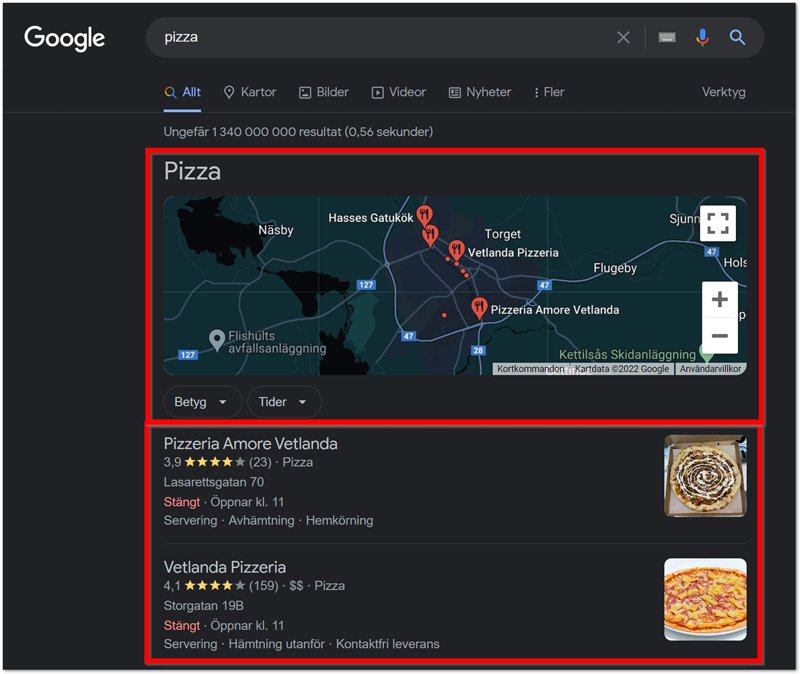 Google sokning pa pizza
